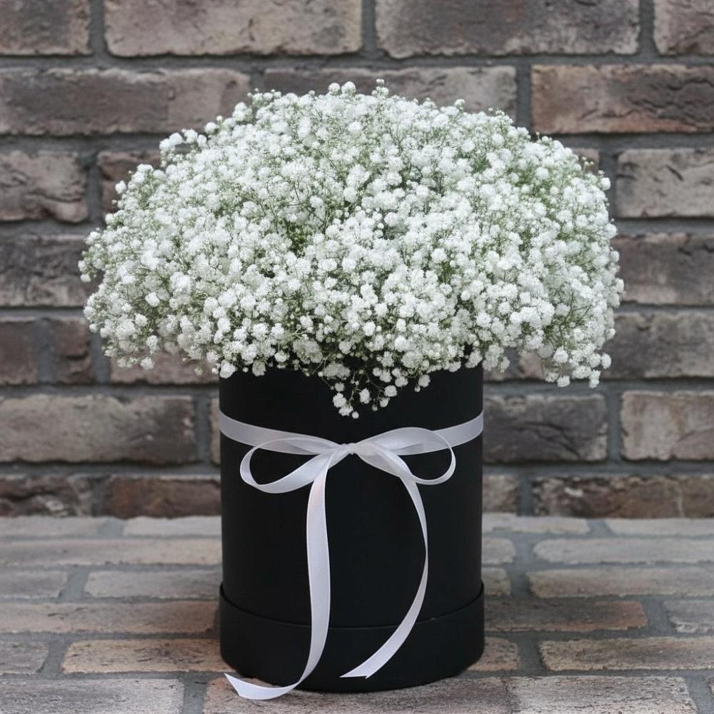 Цветочная композиция из Гипсофила в шляпной коробке в Новоузенске