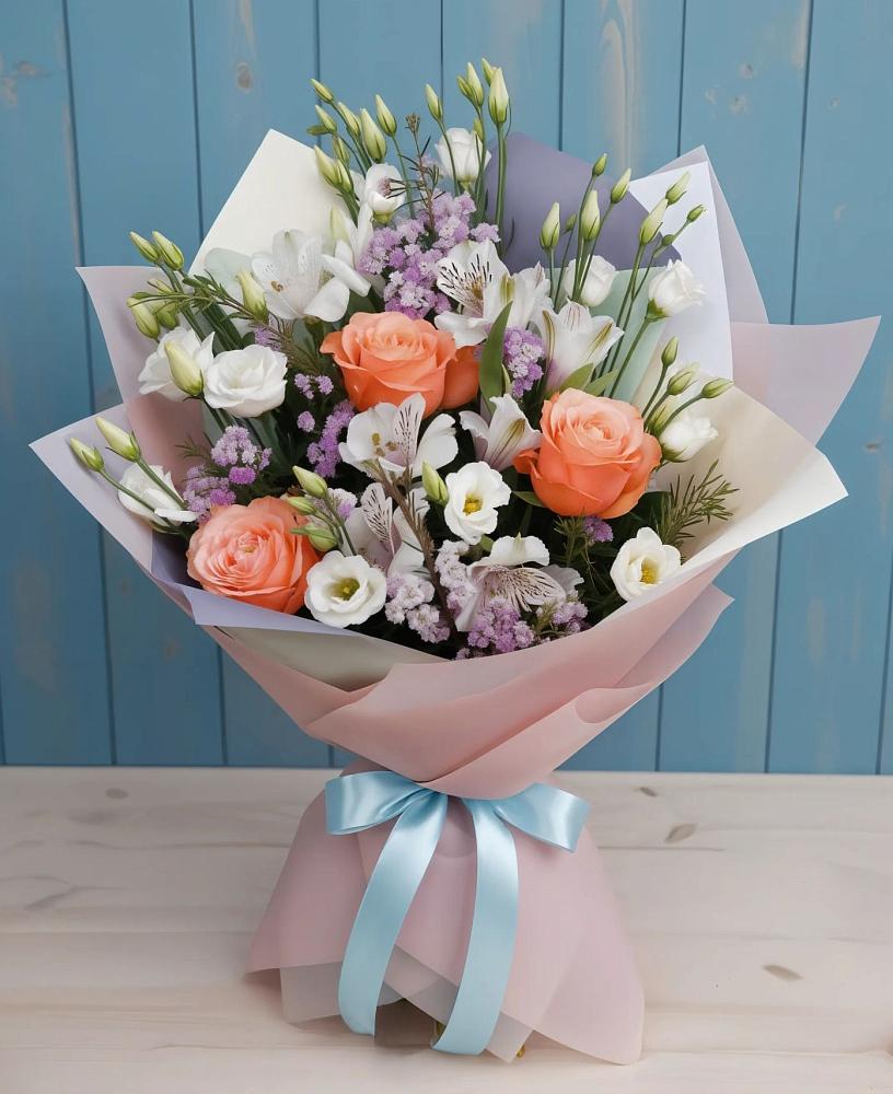 Букет цветов из: Лизиантусы, Розы, Альстромерии и Гипсофила в Новоузенске